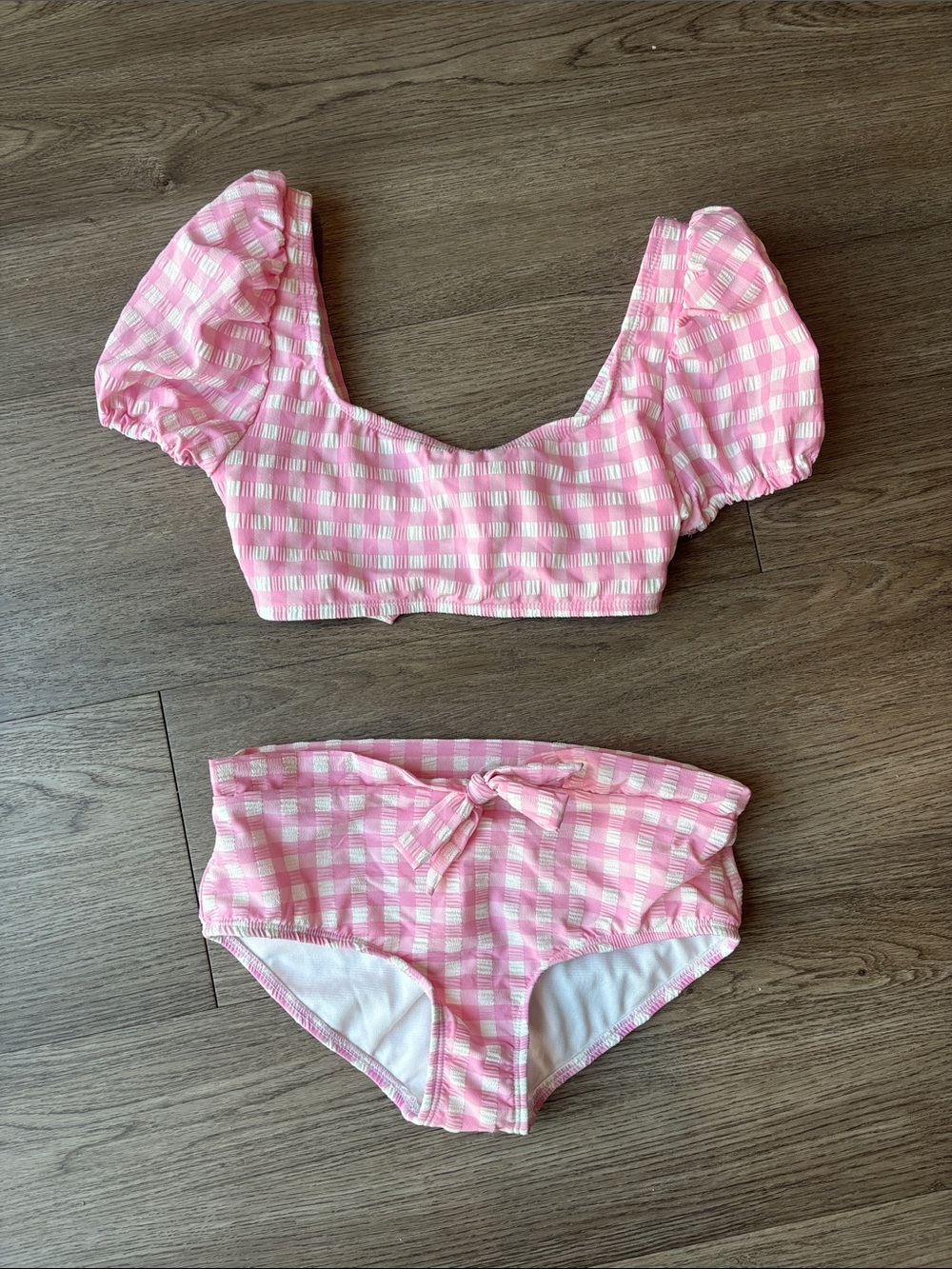 Dillards GB Girl Pink Gingham Seersucker Puff Sleeve Two Piece Swim Bathing Suit